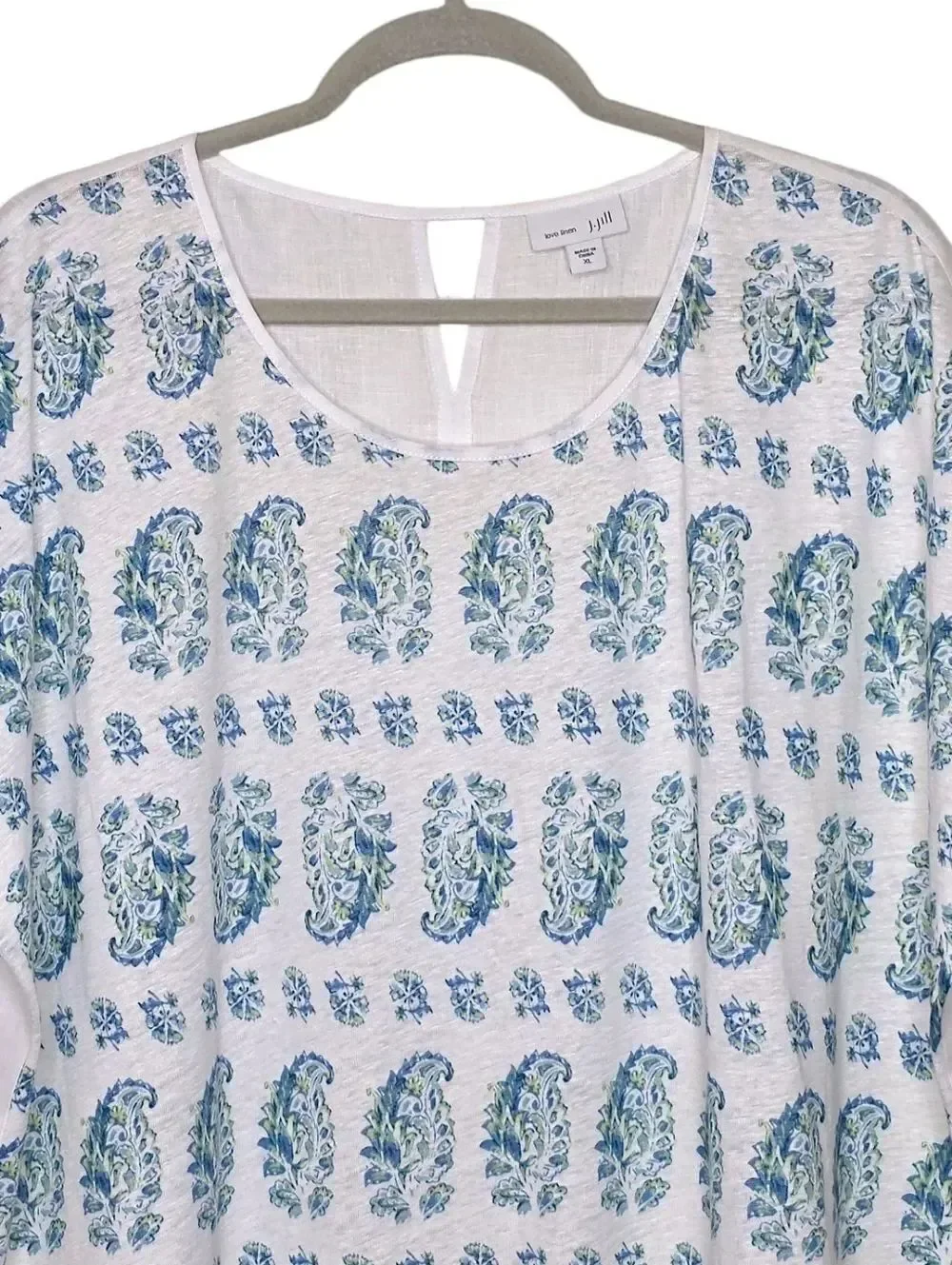 J. Jill Love Linen Blue & Green Paisley Linen Keyhole Detail Top Size XL NWOT